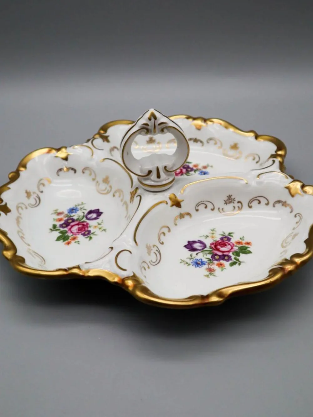 Vtg Reichenbach E. Germany Bone China 3 Section Serving Dish Tray Floral Gold